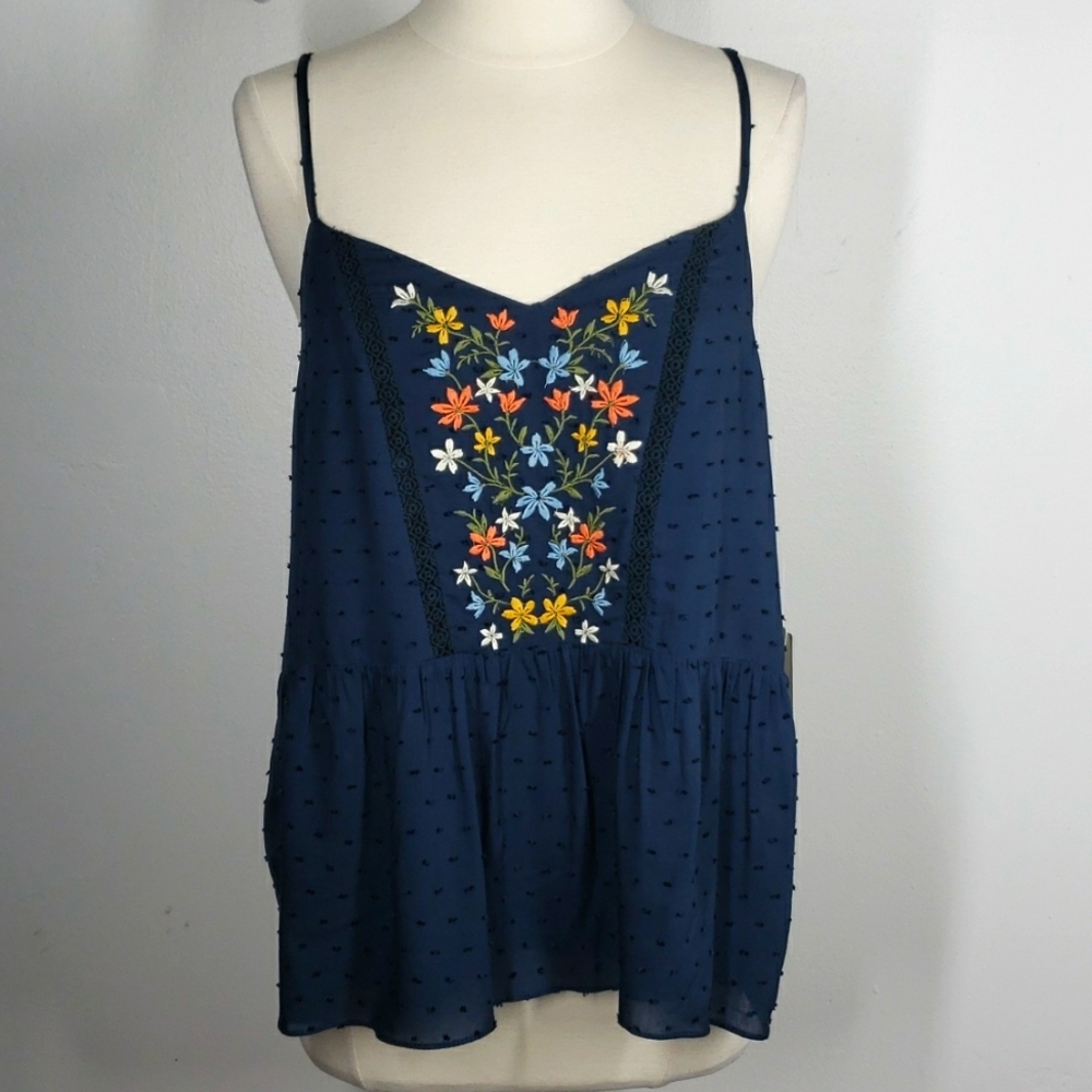 Miss Me Floral Embroidered Swiss Knot Camisole Boho Chic Cottagecore Coastal - Picture 3 of 9
